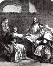 King John refusing to sign Magna Charta when first presented to him by English School