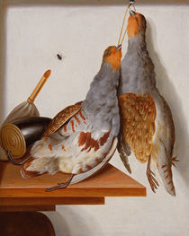 Trompe l'Oeil of Two Partridges Hanging from a Nail von Cornelis Biltius