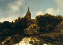 Wooded Landscape with Figures near a Church by Meindert Hobbema