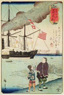 American naval vessel in a Japanese harbour by Japanese School