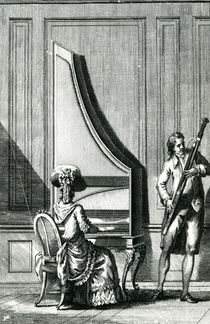 Musicians playing an upright clavicord and a bassoon von French School