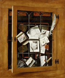 A trompe l'oeil of an open glazed cupboard door by Cornelis Norbertus Gysbrechts