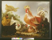 Cockerel and hens in a landscape by Gysbert Hondecoeter