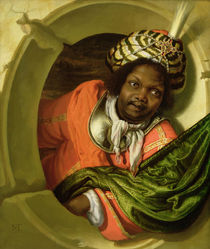 Portrait of a Moor holding a flag at a window by Bartholomaus Maton