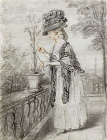 Lady on a Terrace Tending a Carnation Plant by John Raphael Smith