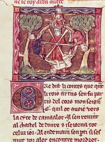 Ms Add 10294 f.89 Blind goddess Fortune with King Arthur enthroned von French School