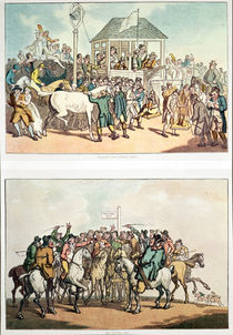 'Weighing and Rubbing Down' and 'The Betting Post' by Thomas Rowlandson