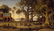 Moonlit Scene of Indian Figures and Elephants among Banyan Trees von Johann Zoffany