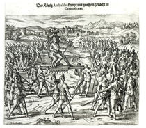 King Atahualpa arriving in Caxamalca to see Francisco Pizarro 1533 by German School