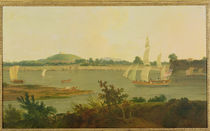 Pinnace Sailing Down the Ganges past Monghyr Fort by Thomas Daniell