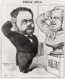 Caricature of Emile Zola Saluting a Bust of Honore de Balzac 1878 by Andre Gill