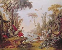Lake with geese, storks, parrots and herons von Francois Boucher