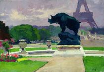 The Trocadero Gardens and the Rhinoceros by Jacquemart by Jules Ernest Renoux