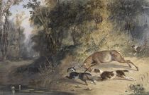 Deerhound and Bitch Cornering a Stag at the Edge of a Woodland Pool by Newton Fielding