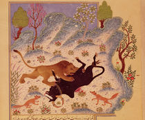 A Lion Attacking and Killing a Bull von Persian School