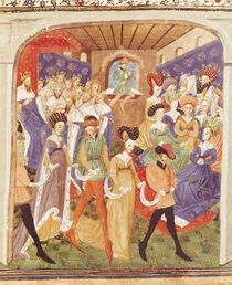 Ms 527 fol.1r Court Ball, from the 'Roman du Saint Graal' by French School
