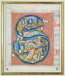 Historiated initial 'S' depicting an acrobat and fantastical animals von French School