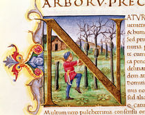 Historiated Initial 'N' depicting a man hewing trees von Italian School