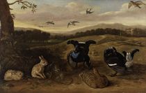 Black game, rabbits and swallows in a park von Leonard Knyff