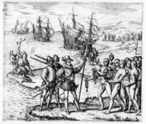 Christopher Columbus receiving gifts from the cacique by Theodore de Bry