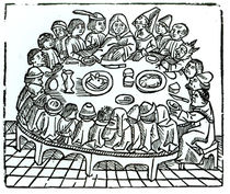 The Canterbury Pilgrims sitting down for a shared meal by English School