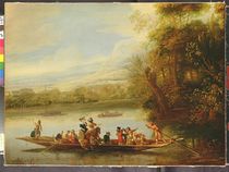 A landscape with a crowded ferry crossing the water in the foreground von Willem Schellinks