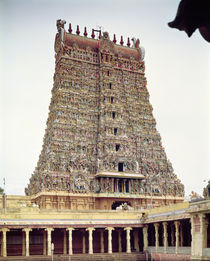 View of the carved exterior of the south gopuram by Indian School