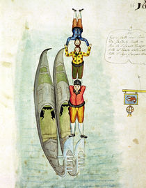 Three men balancing on two gondolas von Italian School