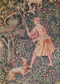 A man gathering pears with a hoe by French School