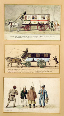 A Dame Blanche Carriage, an Omnibus and Drivers von Pierre Antoine Lesueur