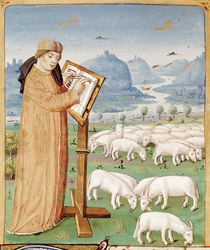 Ms 493 fol.37v Virgil Writing in a Field of Sheep and Goats by French School