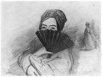 Portrait of George Sand behind her fan by Alfred de Musset