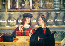 Interior of a Pharmacy, detail of the shopkeeper weighing produce von Italian School