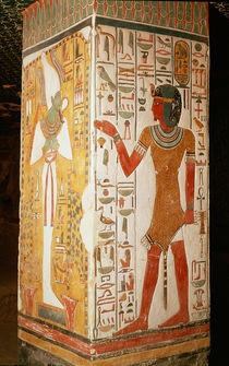 Pillar depicting Osiris and a priest wearing a panther skin by Egyptian 19th Dynasty