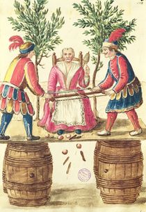 Two Venetian magicians sawing a woman in half by Jan van Grevenbroeck