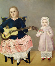 Young Girl with a Guitar and Child with a Bouquet by Mexican School