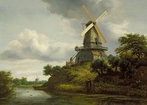 Windmill by a River by Jacob Isaaksz. or Isaacksz. van Ruisdael