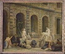 A Man Drawing Antiques in Front of the Petite Galerie of the Louvre by Hubert Robert