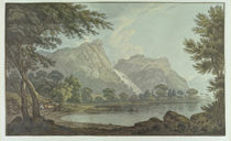 Lodore Rocks - fall & cottage distance by Joseph Farington