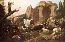 Farm animals in a landscape by Johann Heinrich Roos