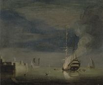 A Two-Decker on Fire at Night off a Fort by Charles Brooking