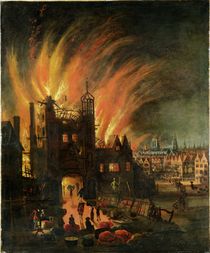 The Great Fire of London with Ludgate and Old St Paul's by English School