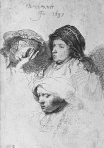 Three female heads with one sleeping von Rembrandt Harmenszoon van Rijn