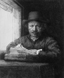 Self portrait while drawing by Rembrandt Harmenszoon van Rijn