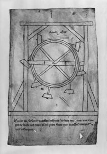 Supposedly perpetual motion mallets and wheel by Villard de Honnecourt