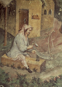 The Month of July, detail of a peasant sharpening his scythe by Bohemian School