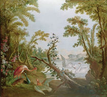 Lake with swans, a flamingo and various birds by Francois Boucher