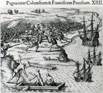 Battle in Jamaica between Christopher Columbus and Francisco Poraz von Theodore de Bry