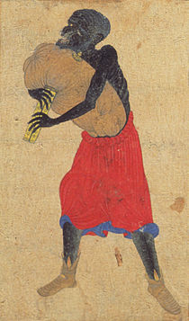 Detail of a man from 'Transporting Ceramics' by Chinese School