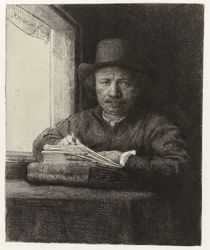 Self-portrait etching at a window by Rembrandt Harmenszoon van Rijn